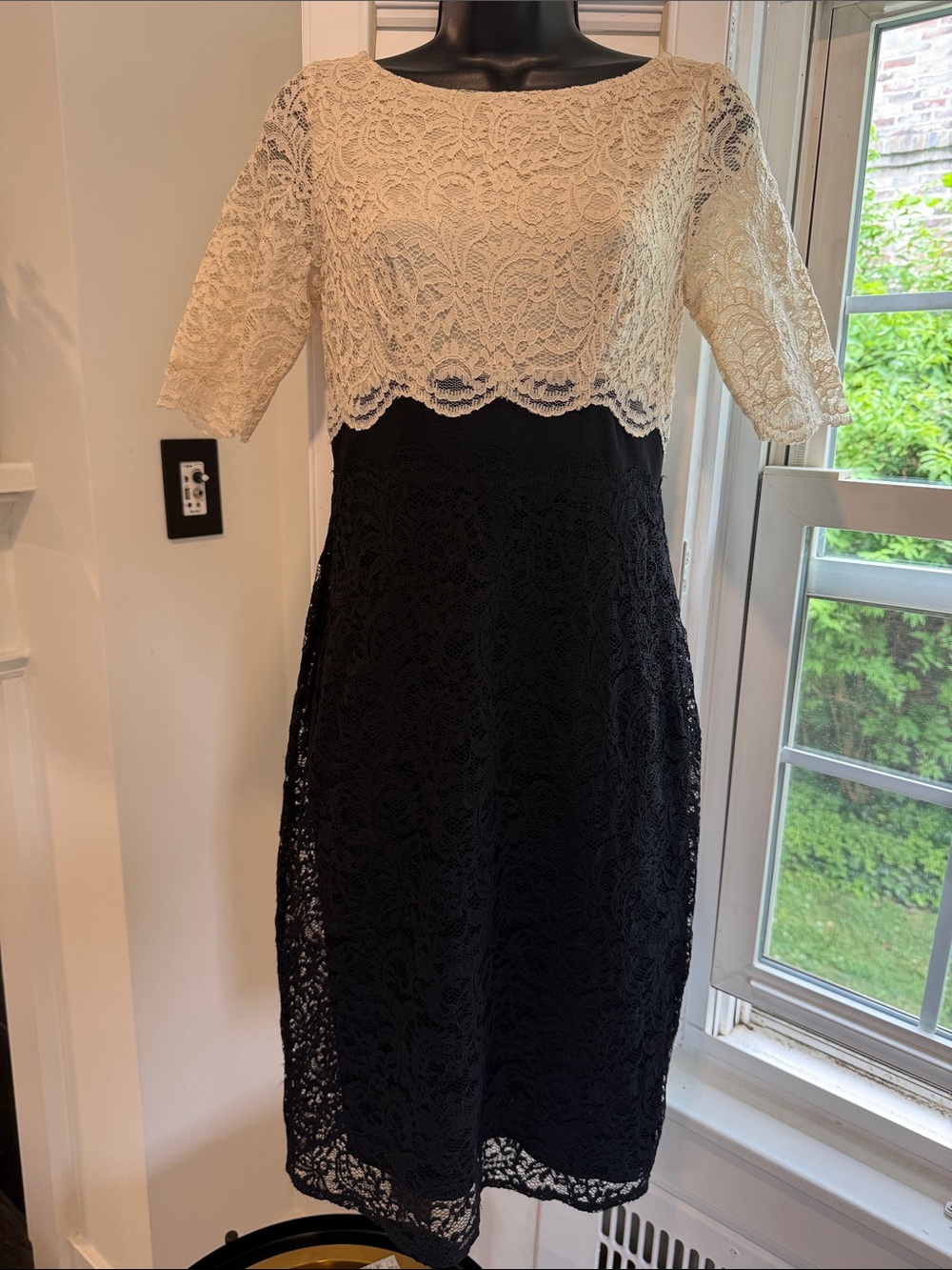 Lace Two-Tone Midi Dress in Cream and Black
